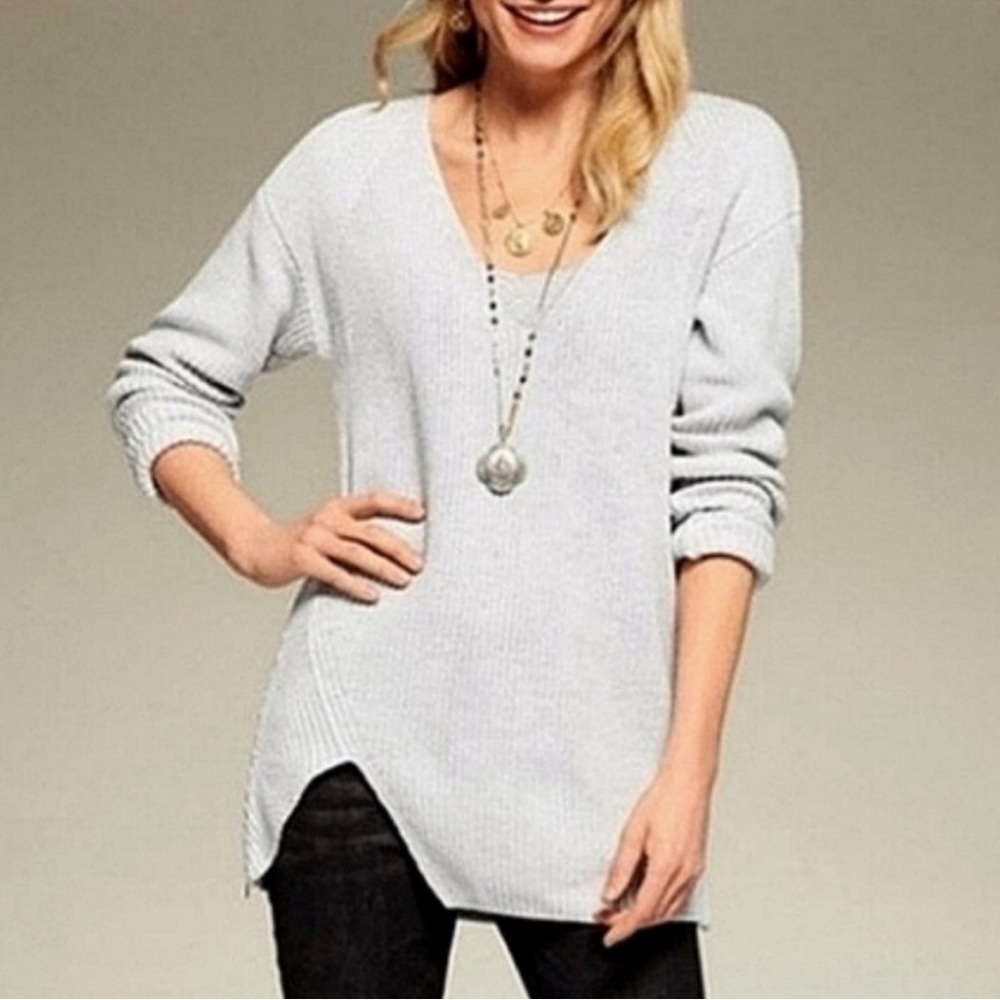 Cabi Deep V Neck Plunge Slouch Asymmetrical Side Zipper Sweater